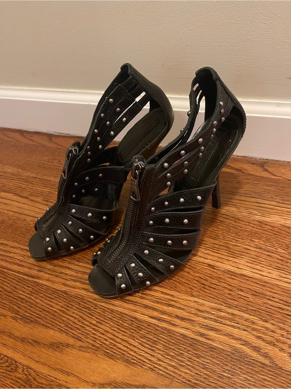 BCBG Black Studded Peep-Toe High Heel Sandals
